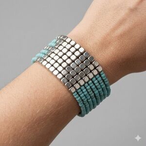 Turquoise & Silver Beaded Cuff Bracelet | Multi-Strand Statement